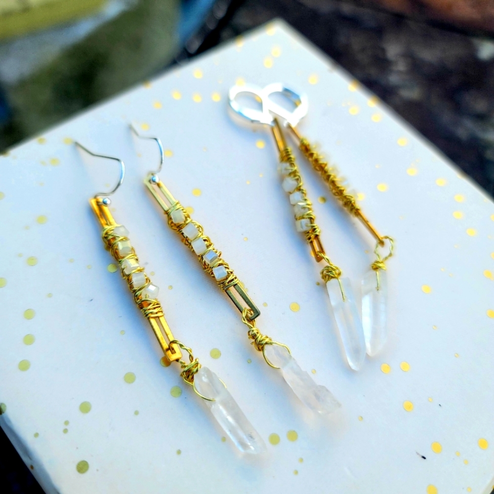 White Brass Quartz Earrings